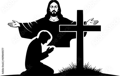silhouette vector of Christian Man Praying Before Cross with Jesus Silhouette in Background – Spiritual Worship and Faith Concept Illustration