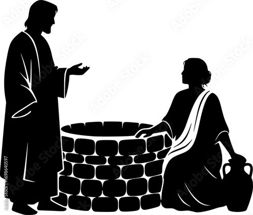 silhouette vector of Jesus Talking to Samaritan Woman at the Well – Biblical Scene of Compassion, Faith, and Living Water Illustration