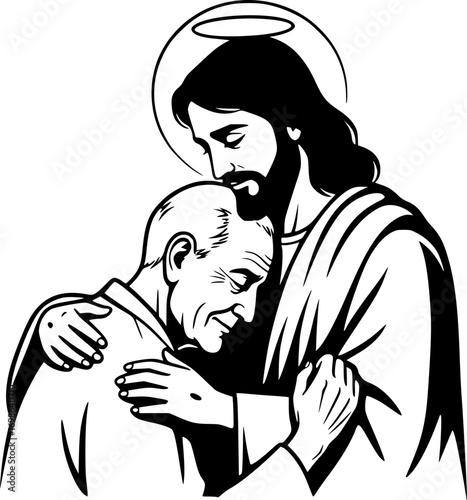 silhouette vector of Jesus Embracing an Elderly Man – Religious Vector Illustration Showing Warmth, Compassion, Love, and Spiritual Comfort