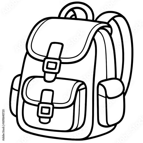 Cartoon Backpack Line Art Coloring Page for Kids & Adults: Simple School Bag Illustration, Vector Outline Drawing of a Rucksack with Straps & Pockets, Educational & Fun Activity for Creative Learning 