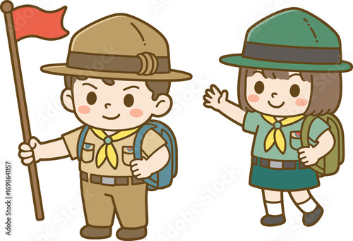 Cute boy and girl scouts cartoon characters with backpacks, flags, uniforms, hats, and happy expressions, vector illustration for kids