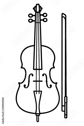 Elegant Line Art Illustration of a Classical Cello and Bow, Detailed Outline Vector Graphic for Music Enthusiasts, Orchestral String Instrument Design for Educational Resources, Artistic Projects, Web