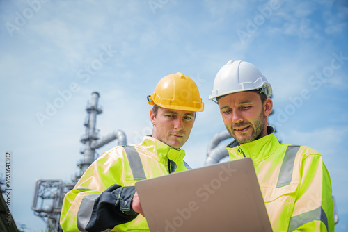 Construction workers in safety gear examine tablet outdoors, showcasing teamwork and collaboration in industrial setting. Their bright jackets and helmets highlight safety in workplace