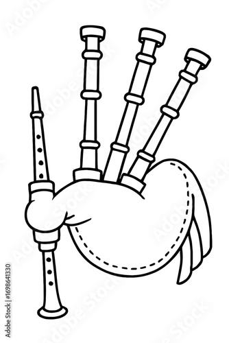 Black and white line art of traditional Scottish bagpipes. Features iconic air bag, melodic chanter with finger holes, three drone pipes. Ideal for music education, cultural studies, coloring, graphic