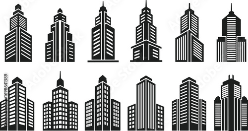Black and white silhouette illustration of modern skyscrapers in various architectural styles, perfect for urban skyline, cityscape, and building design concepts