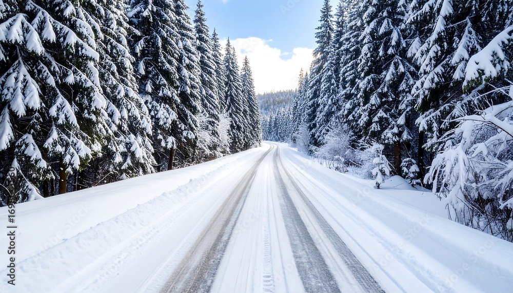 Obraz premium Snowy road through pine forest