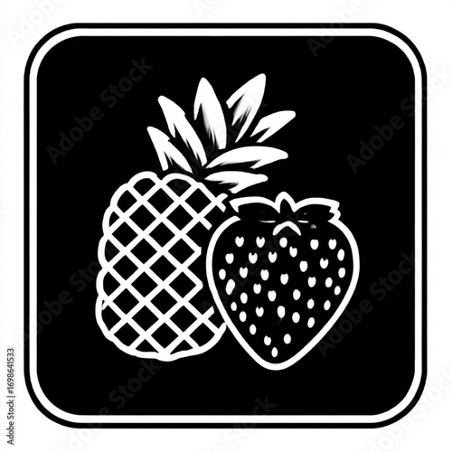 Pineapple and Strawberry Icon, Minimalist White on Black, Representing Tropical Fruits and Health.