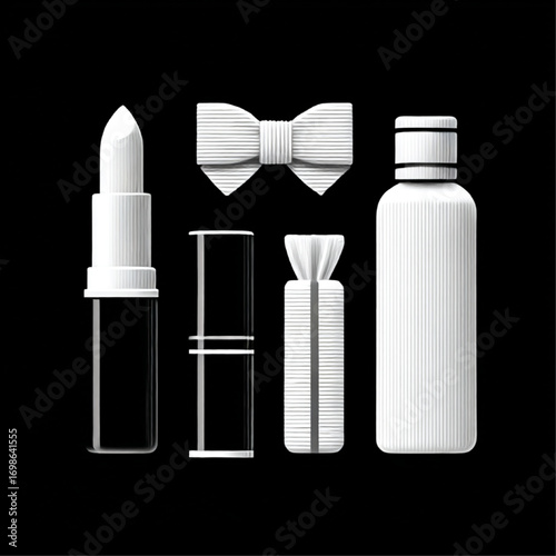 Abstract Beauty Product Set, Textured White on Black, Representing Cosmetics and Self-Care.