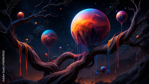 Surreal alien landscape with glowing planets and gnarled, dripping trees at night