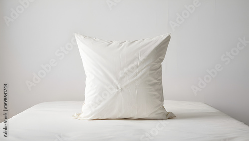 A white textured pillow on a white table against a white wall, isolated on white background