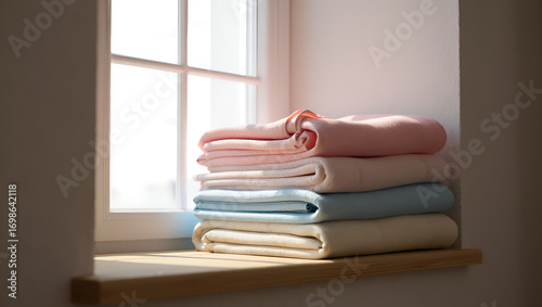 Neatly folded pastel colored blankets stacked on a wooden shelf near a window