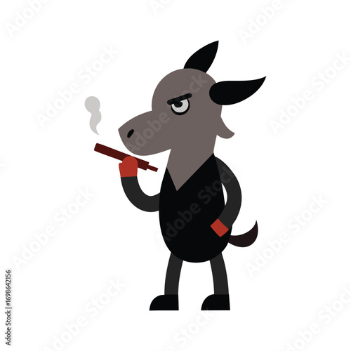 Cartoon goat with tattoos smoking a cigar and carrying confident bold animal artwork Vector illustration