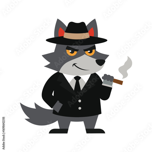 Cartoon wolf dressed as a mafia boss wearing a fedora fierce confident animal artwork Vector illustration