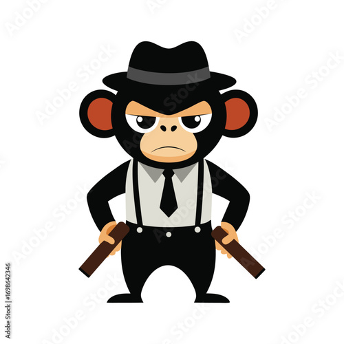 Cartoon monkey in a gangster outfit with suspenders stylish confident funny animal artwork Vector illustration