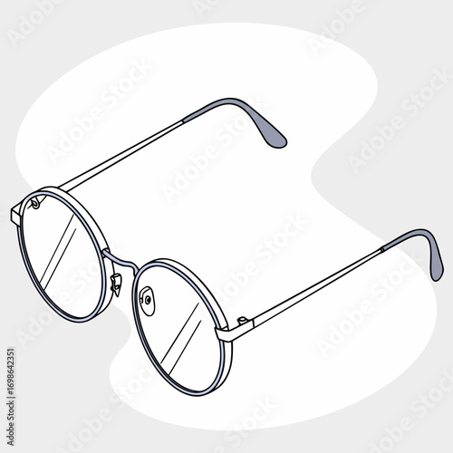 Illustration of round eyeglasses, side view with a light gray background
