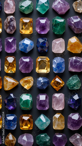 A collection of colorful gemstones and crystals arranged in a grid pattern