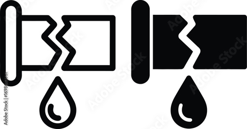 Broken Pipe Leak Icons – Black Silhouettes of Damaged Plumbing with Droplet for Maintenance, Hazard, and Utility Design Use