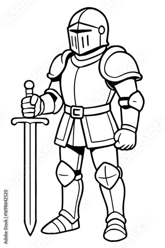 Majestic medieval knight in full shining plate armor, standing valiantly with a mighty sword, ready for battle. Detailed black and white line art illustration, ideal for historical fantasy themes, chi