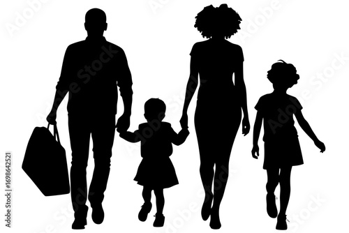 Silhouette of a family walking together holding hands on a white background representing unity and togetherness in a modern and minimalist style for familyoriented designs
