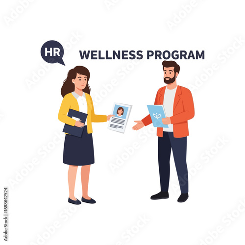 Vector art of hr professional presenting wellness program information to employee