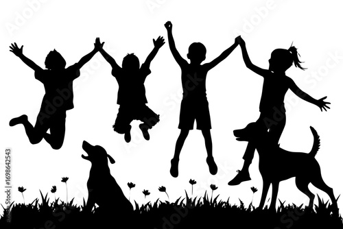 Silhouette of children jumping and playing with dogs in a field of flowers against a white background creating a joyful and carefree scene of childhood fun and companionship