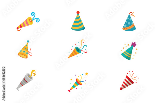 Set of birthday party hats and blower horn festive fun celebratory holiday design Vector illustration