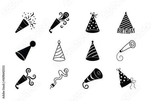 Set of birthday party hats blower and horn silhouette decorative festive celebration icons Vector illustration