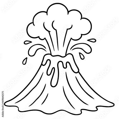 Black and white outline of an erupting volcano, showing a conical mountain spewing smoke, ash, and stylized lava or water. Perfect for educational use, kids coloring books, geology, natural phenomena,