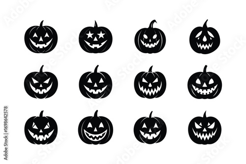 Set of Halloween pumpkin face silhouette spooky fun seasonal holiday icons Vector illustration