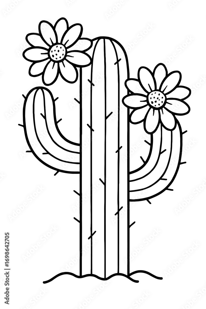 Fototapeta premium Simple flowering cactus coloring page line art illustration. A beautiful botanical outline of a desert plant with two blooming flowers, perfect for children and adults seeking creative relaxation acti