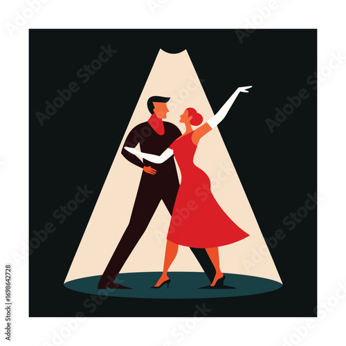Stylized couple dancing under spotlight modern elegant graceful artistic couple Vector illustration