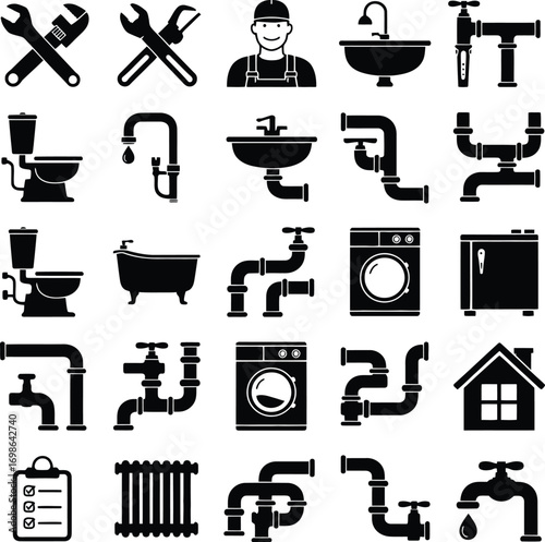 Plumbing Icon Set – Black Silhouettes of Tools, Fixtures, and Maintenance Symbols for Home Repair and Utility Design Projects