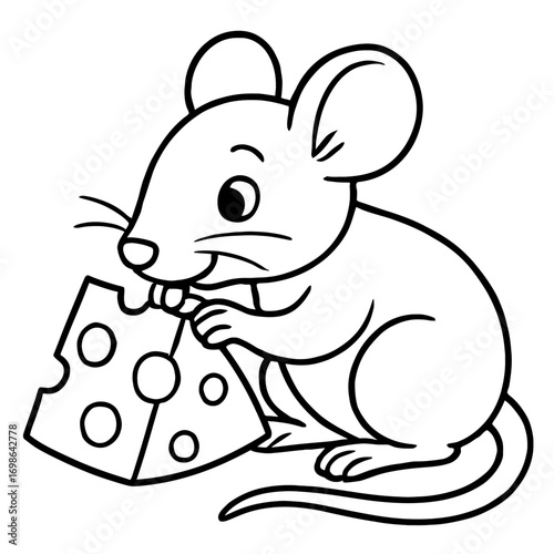 Adorable cartoon mouse happily nibbling a delicious wedge of Swiss cheese, a delightful black and white line art illustration, perfect for kids' coloring pages, educational activities, printable anima