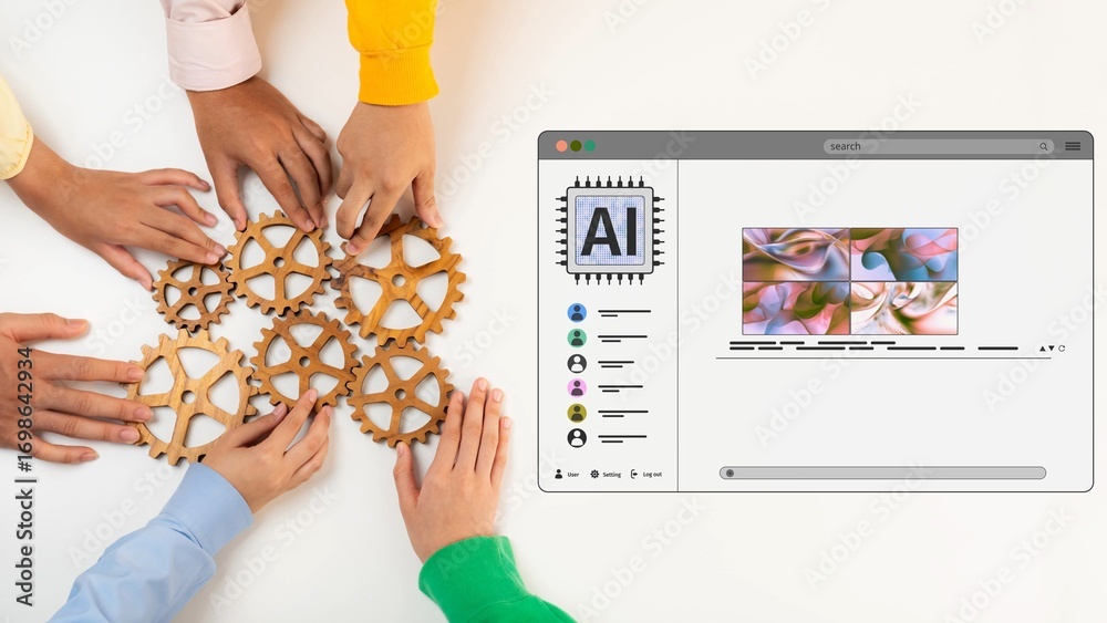Obraz premium Engaging scene of diverse hands working with gears, symbolizing teamwork and innovation in artificial intelligence and creative technology development. Raster