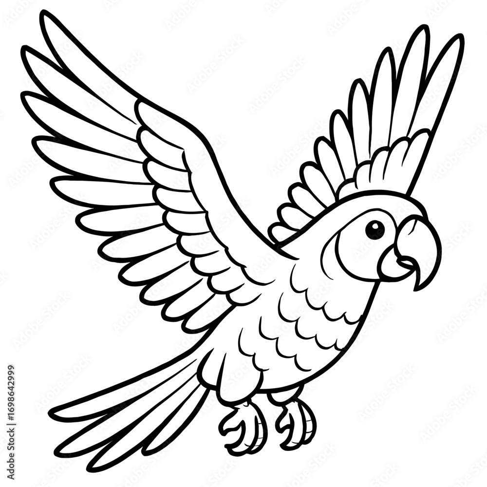 Obraz premium Joyful flying cartoon parrot outline for coloring. This black and white illustration of an exotic tropical bird with spread wings is perfect for kids' creative activities, printable pages, and simple 