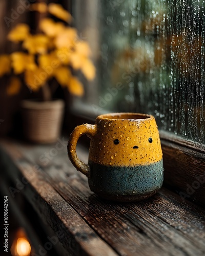 Handcrafted coffee mug rain streaked window high resolution picture