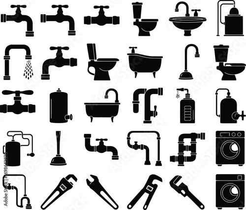 Plumbing and Bathroom Icon Set – Black Silhouettes of Fixtures, Tools, and Equipment for Maintenance, Repair, and Design Use
