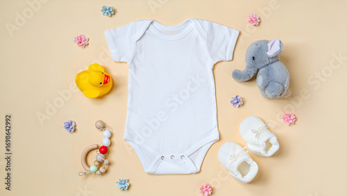 Overhead view of a white baby onesie with cute baby accessories like a duck, elephant, and booties