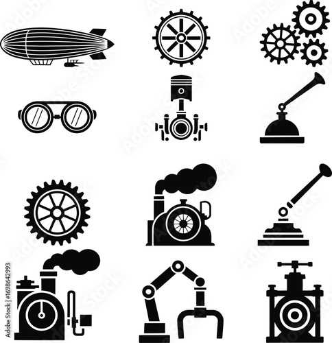 Black and white icons of steampunk and industrial machinery