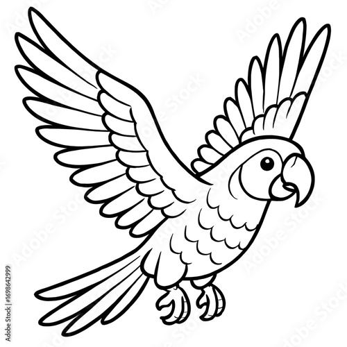 Joyful flying cartoon parrot outline for coloring. This black and white illustration of an exotic tropical bird with spread wings is perfect for kids' creative activities, printable pages, and simple 