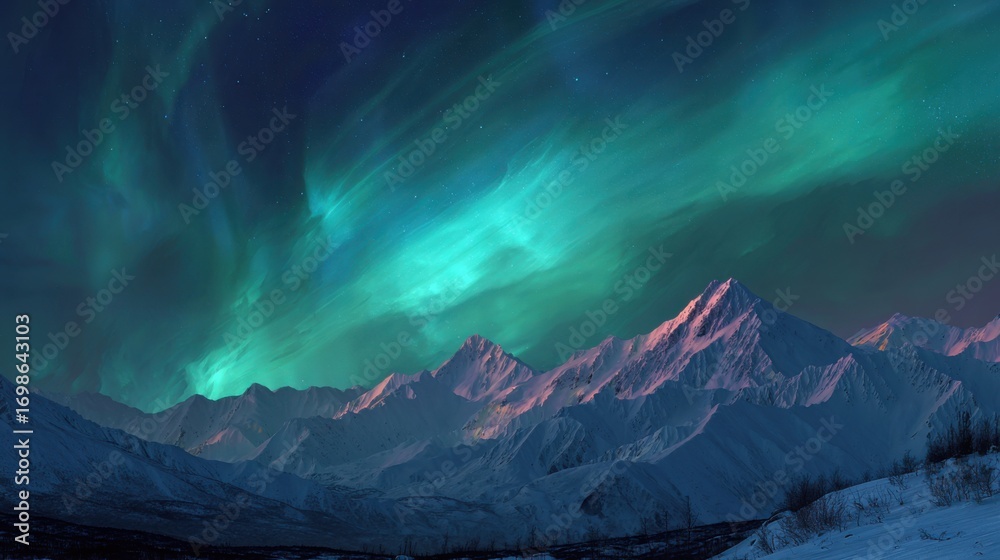 Fototapeta premium Northern Lights Over Snowy Mountains at Night