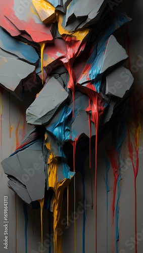 Abstract sculpture of gray stone fragments with vibrant dripping paint in red, blue, and yellow