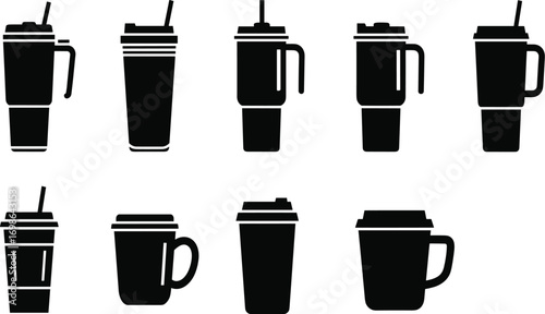 Black silhouette vector icons of various drinking cups, mugs, tumblers, and travel mugs with lids and straws for beverage design