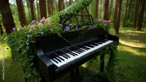 Grand piano covered in lush green ivy and delicate pink flowers in a forest setting