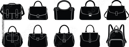 Collection of ten black handbag and backpack silhouettes, stylish fashion accessories vector, perfect for shopping and design projects