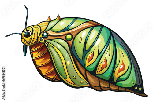 Stylized Butterfly Pupa with Intricate Patterns and Vibrant Colors in an Artistic Vector Illustration with Fantasy Elements