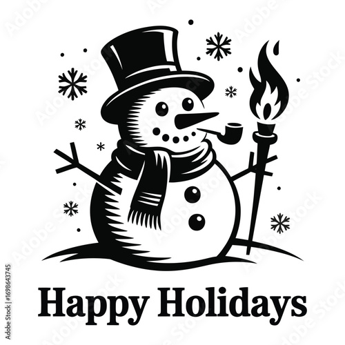 Black and White Snowman with Top Hat Holding a Torch and Smoking a Pipe winter christmas