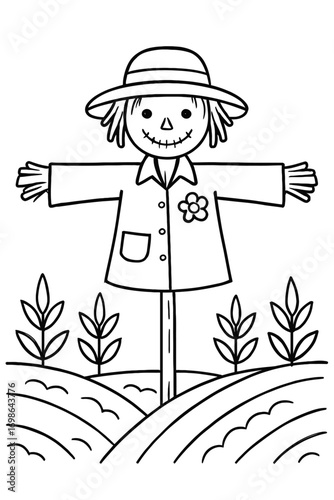 Cute friendly scarecrow coloring page with a large hat, button eyes, stitched mouth, and outstretched arms, standing in a lovely farm field with small crops. Perfect printable outline for autumn harve