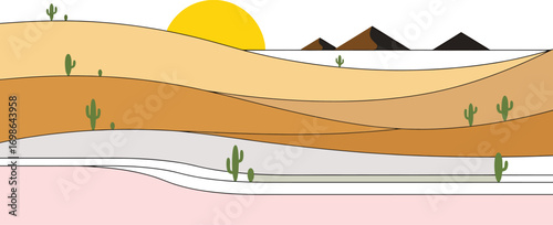 Desert landscape with cactuses and mountains. Vector illustration.