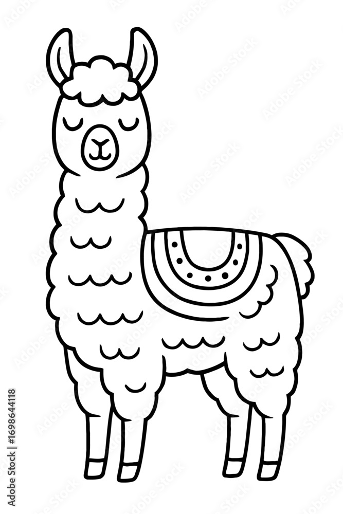 Fototapeta premium Adorable Cartoon Llama Coloring Page with Decorative Blanket Design, Perfect for Kids and Adults Seeking Relaxation. Simple Black and White Line Art Outline Illustration of a Fluffy South American Ani